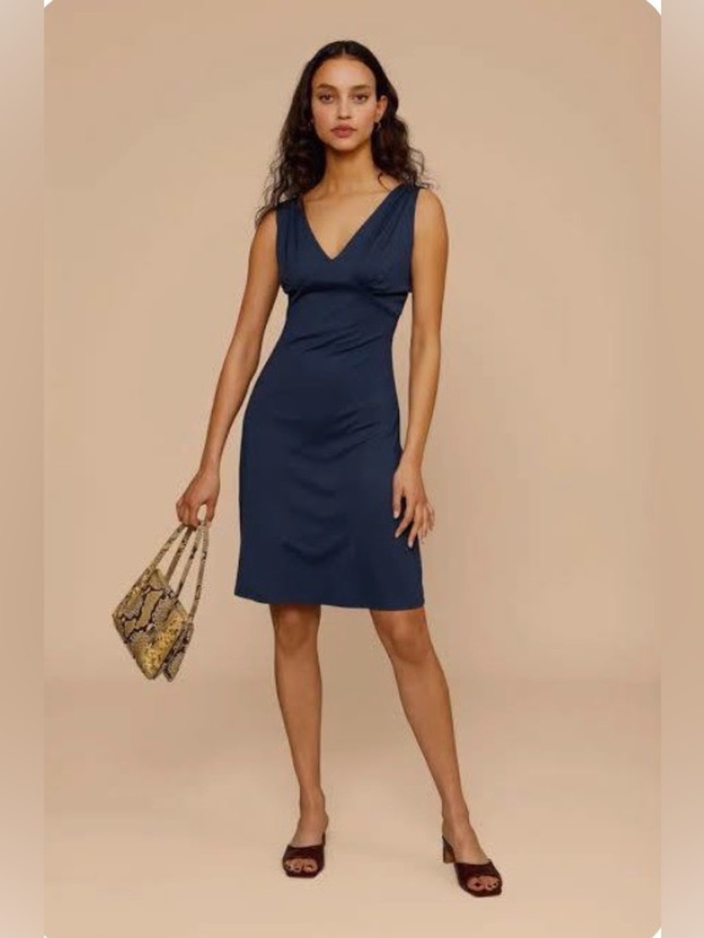 Rouje Silvia V-Neck Sleeveless Midi Dress Navy Blue Ruched Bust Classic Elegant